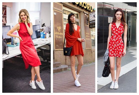 Váy đỏ mix với giày trắng